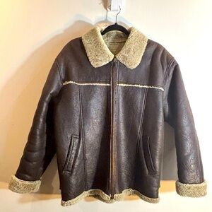 ESTILO Sz L Shearling Lined Brown Green Sheepskin Leather Jacket Made in Korea
